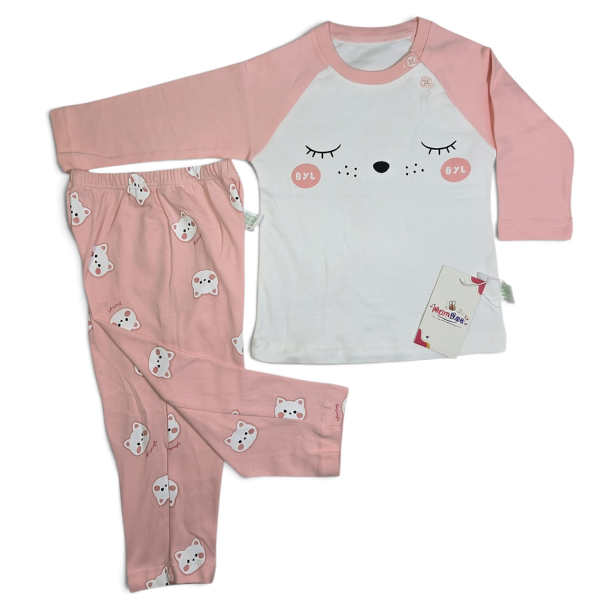 Sleeping Kitty Cotton Pajama Set - Pink